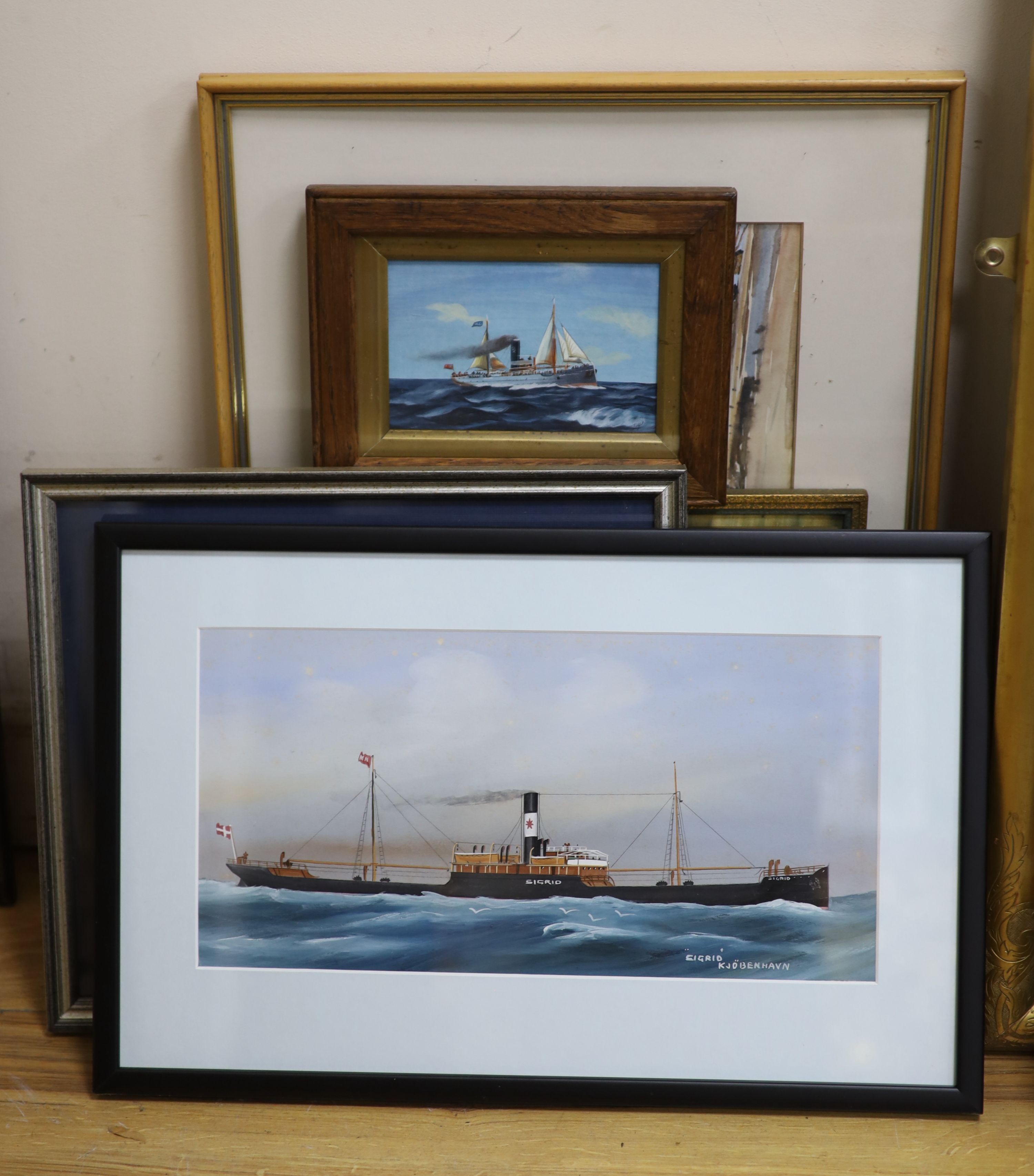 H. Crane, watercolour and gouache, The Danish Steamship, Sigrid, 18 x 35cm, together with five other marine related pictures